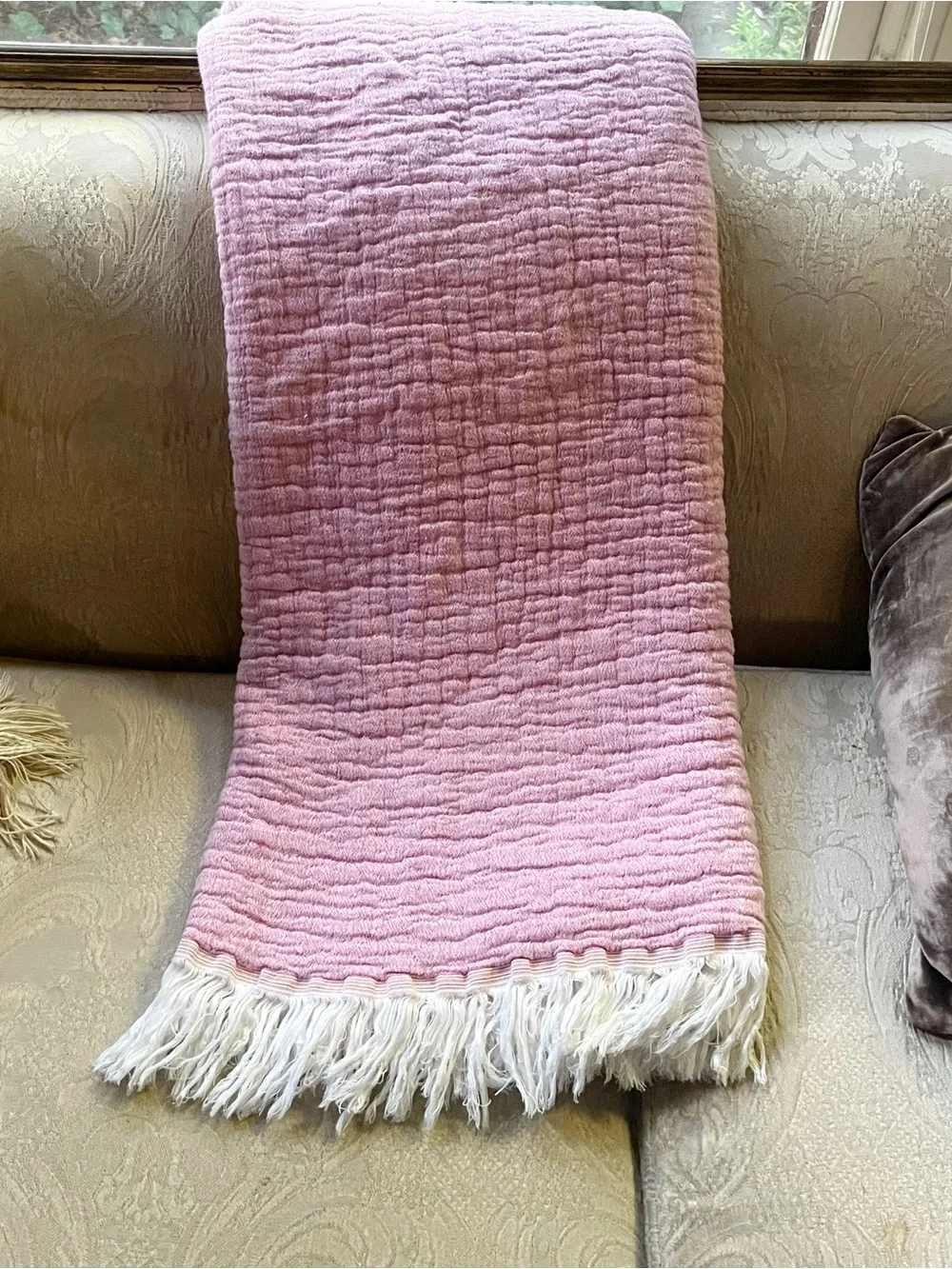 Texteis Penedo Two Tone Cotton Gauze Throw Blanket in Pale Pink/Orange w/Fringe